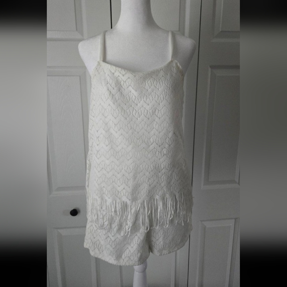 Y2K White Lace Fringe Romper Open Back Boho Festival Women's Size Medium